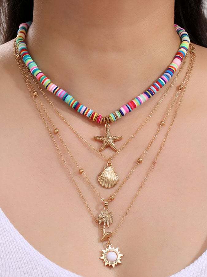 Vintage Starfish Shell Pendant Sun Layered Necklace
