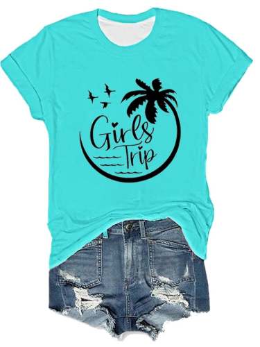Women's Beach Vibes Girl's Trip Palm Coco Tree Print T-Shirt