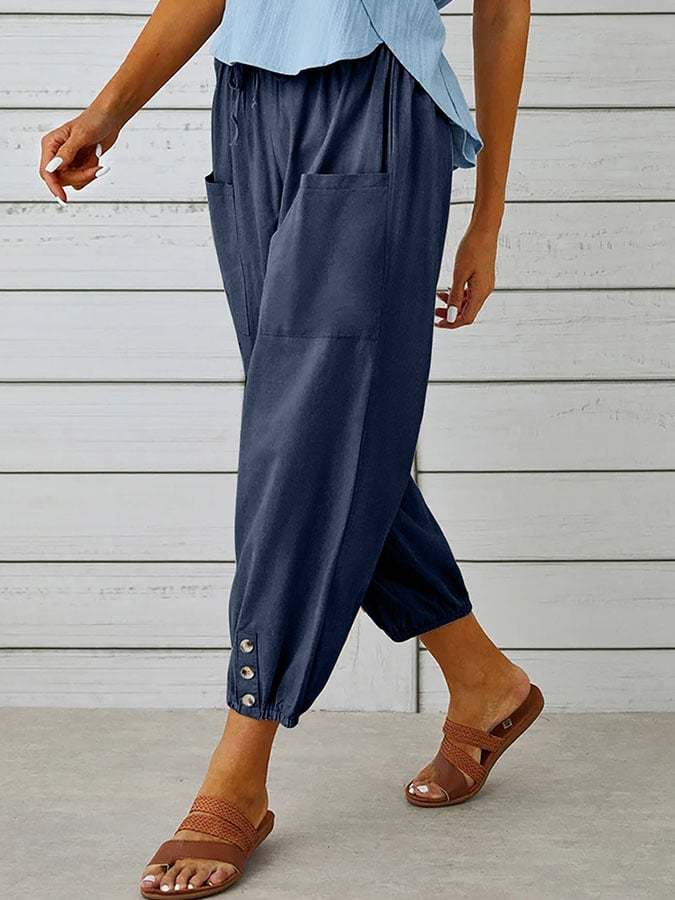 Solid Color Casual With Pocket Buttons Cotton Linen Trousers