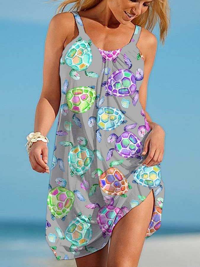 Vacation Watercolor Sea Turtle Print Slip Dress