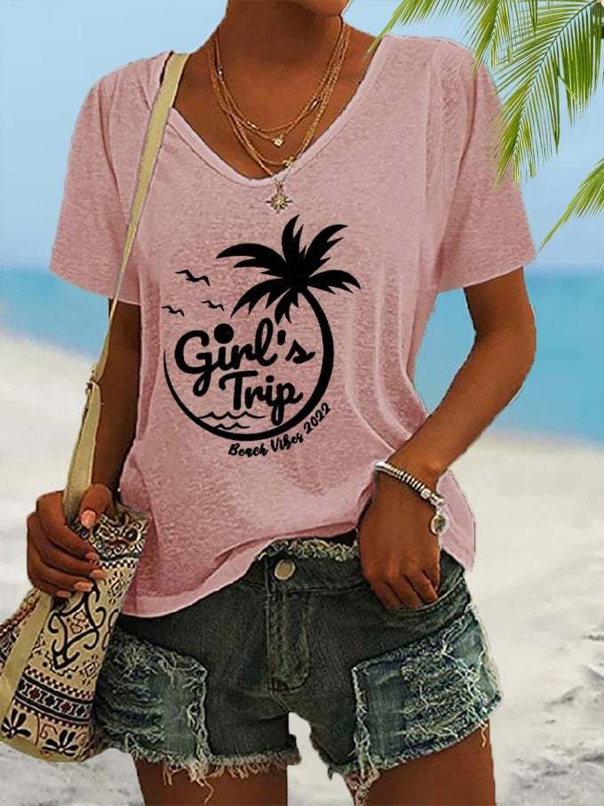 Women's Beach Vibes Girl's Trip Palm Coconut Tree Print V-Neck Short Sleeve