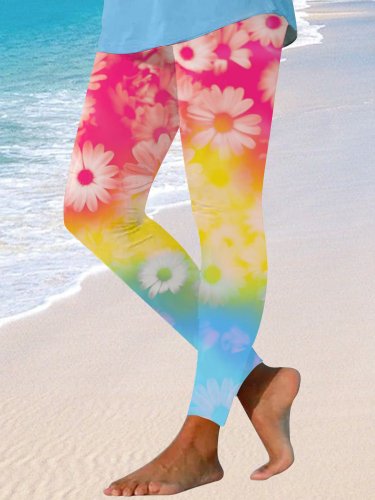 Women's Tie-Dye Ombre Floral Print Beach Leggings