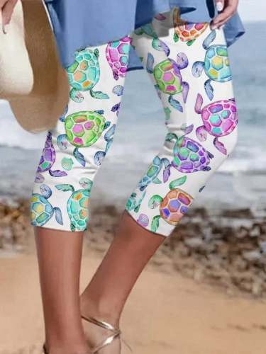 Vacation Watercolor Sea Turtle Print Leggings