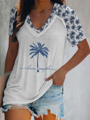 Women's V Neck Coconut Tree Print Short Sleeve T-Shirt