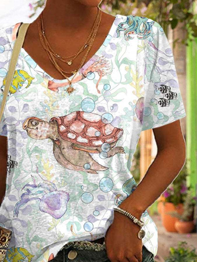 Holiday Turtle Print Short Sleeve Top
