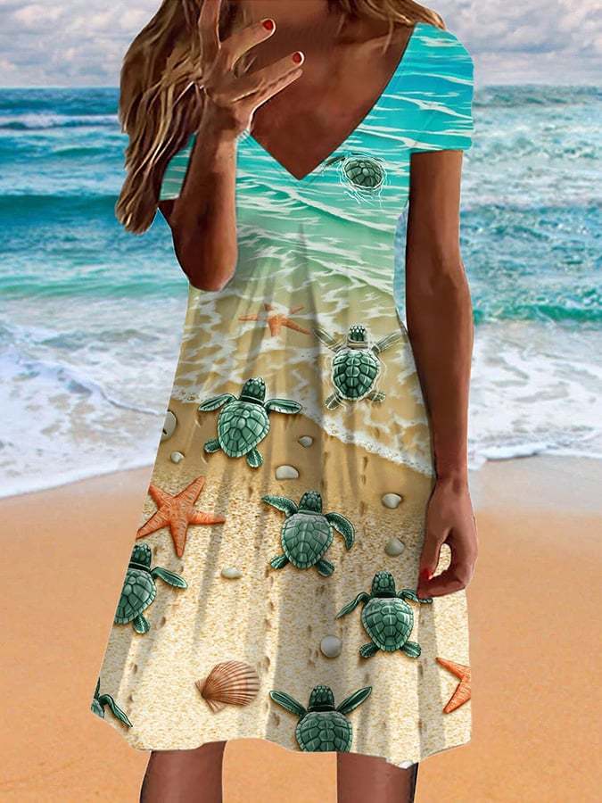 Women's Sea Turtle Print V-Neck Casual Dress