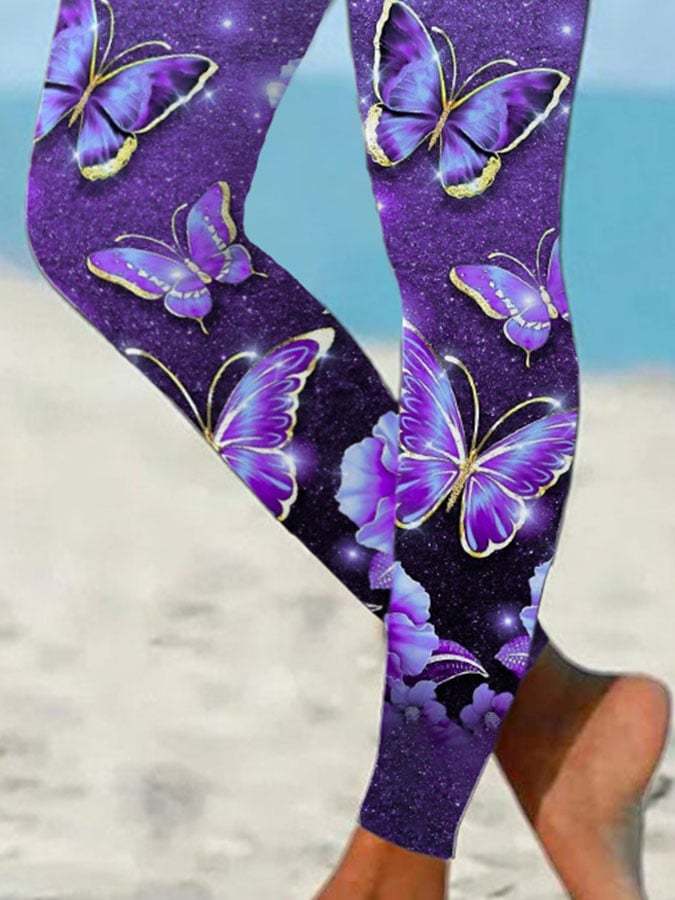 Vacation Purple Butterfly Flower Print Leggings
