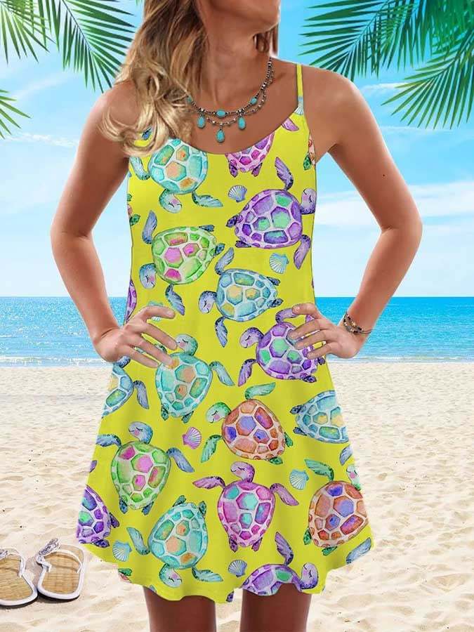 Vacation Watercolor Sea Turtle Print Slip Dress Print Dress