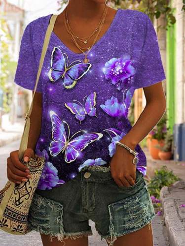 V-neck Purple Butterfly Flower Print T-Shirt