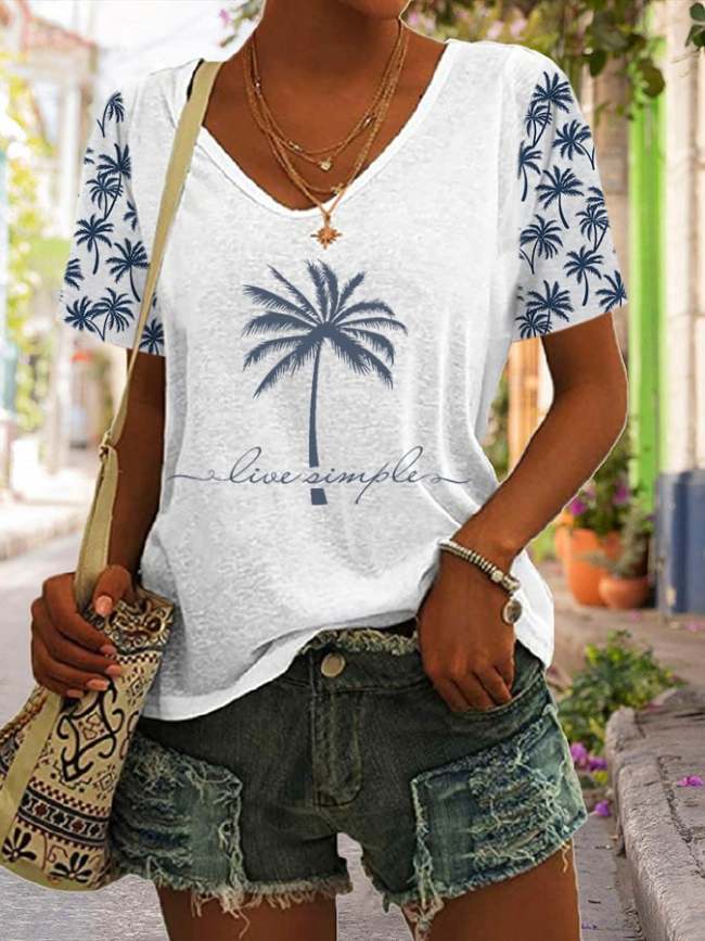 Women's V Neck Coconut Tree Print Short Sleeve T-Shirt