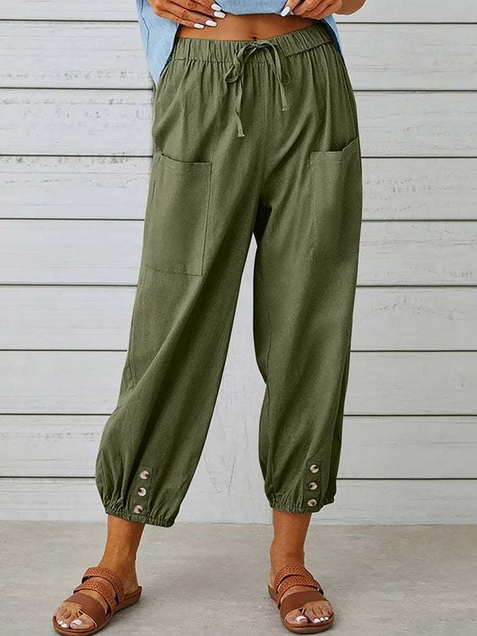 Solid Color Casual With Pocket Buttons Cotton Linen Trousers
