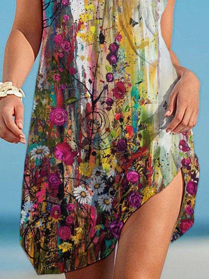 Vacation Abstract Flower Daisy Print Slip Dress