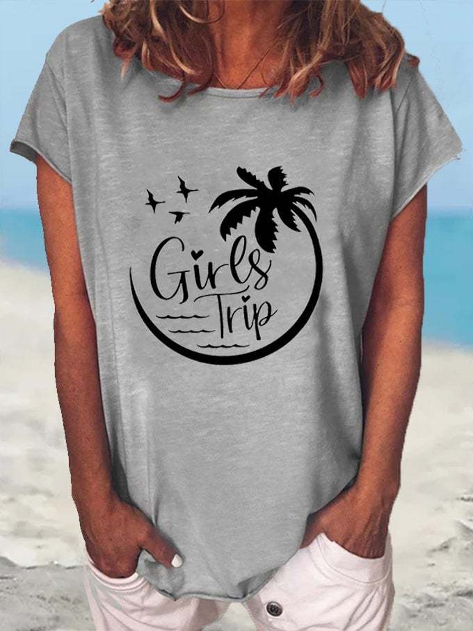 Women's Beach Vibes Girl's Trip Palm Coco Tree Print T-Shirt