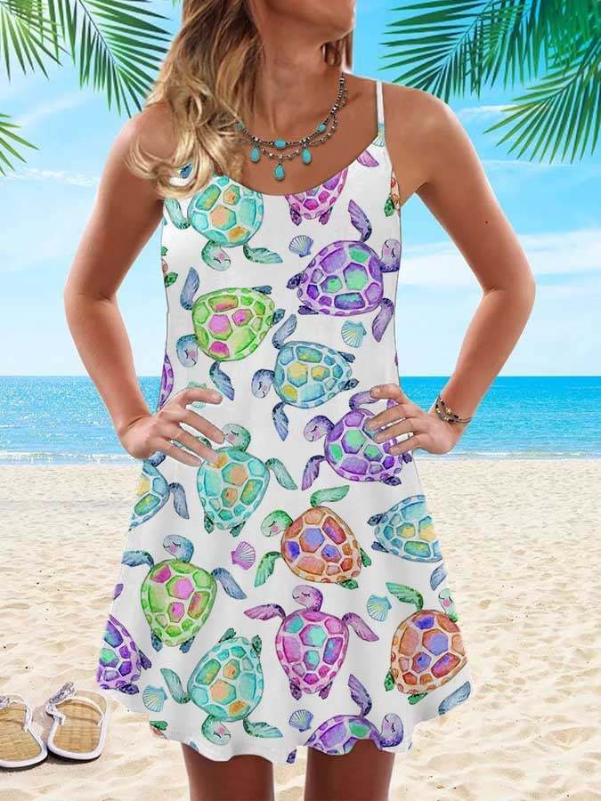 Vacation Watercolor Sea Turtle Print Slip Dress Print Dress