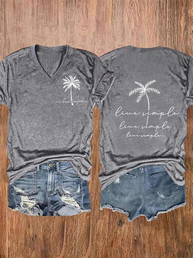Women's Live Simple Coconut Tree Print V-Neck Casual T-Shirt