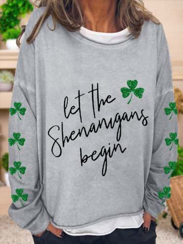 Women's St. Patrick's Day Lucky Glitter Shamrocks Casual Long-Sleeve T-Shirt