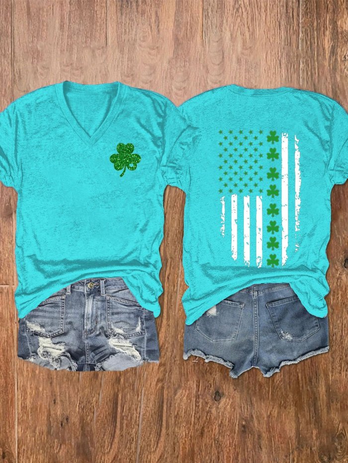 Women's St. Patrick's Day Flag  Shamrock Print V-Neck T-Shirt