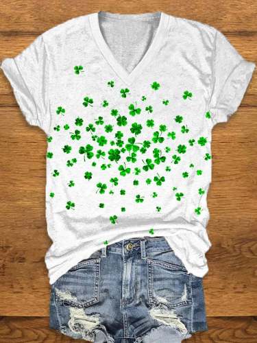 Women's Shiny St. Patrick's Day Print V-Neck Short Sleeve T-Shirt