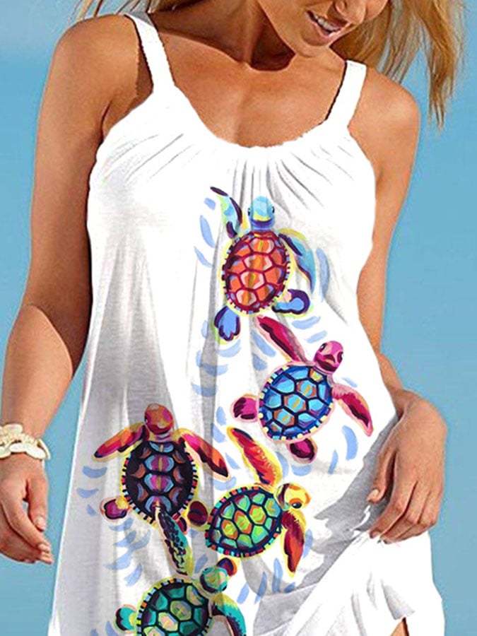 Vacation Watercolor Sea Turtle Print Slip Dress