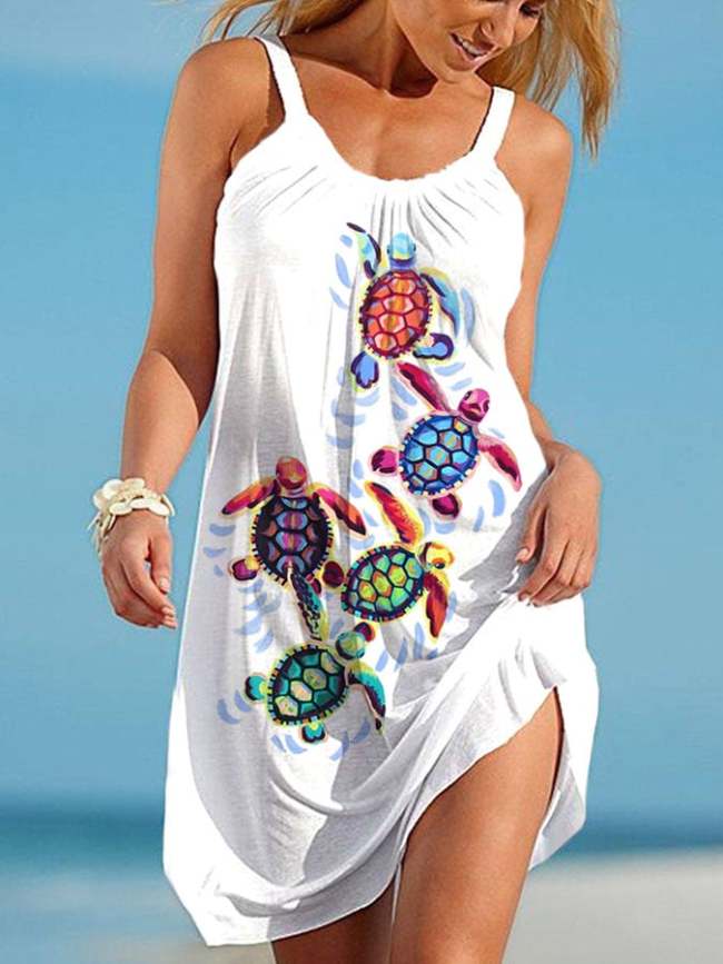 Vacation Watercolor Sea Turtle Print Slip Dress