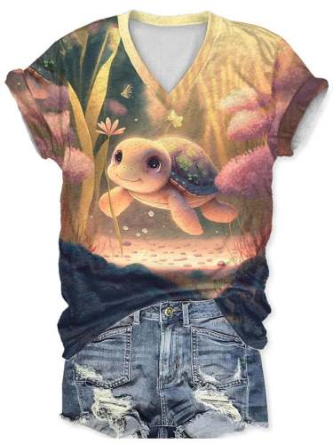 V-neck Vacation Cute Sea Turtle Print T-Shirt