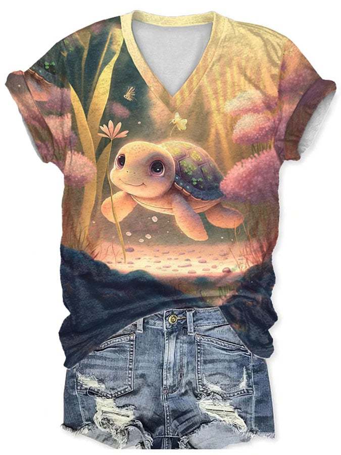 V-neck Vacation Cute Sea Turtle Print T-Shirt