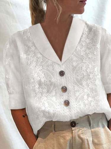 Women's Cotton Linen Lace Lapel Button Down Short Sleeve Shirt