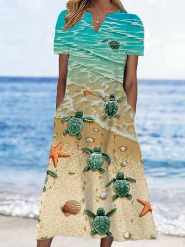 Women's Sea Turtle Printr Pocket Casual Dress