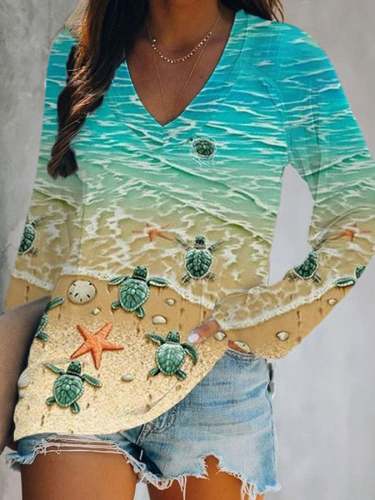 Women's Resort Turtle Print Casual V-Neck Long-Sleeve T-Shirt