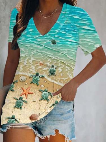 Women's Resort Turtle Print Casual V-Neck Short-Sleeve T-Shirt