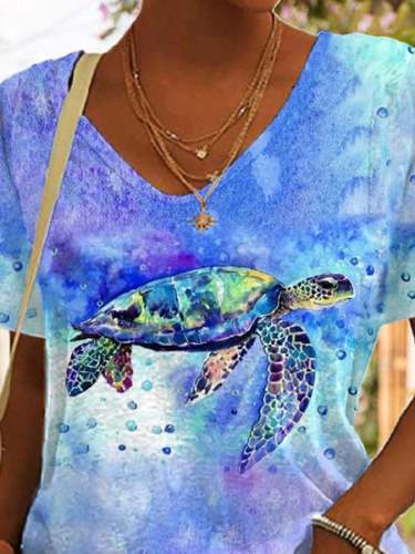 V-neck Watercolor Sea Turtle Print T-Shirt