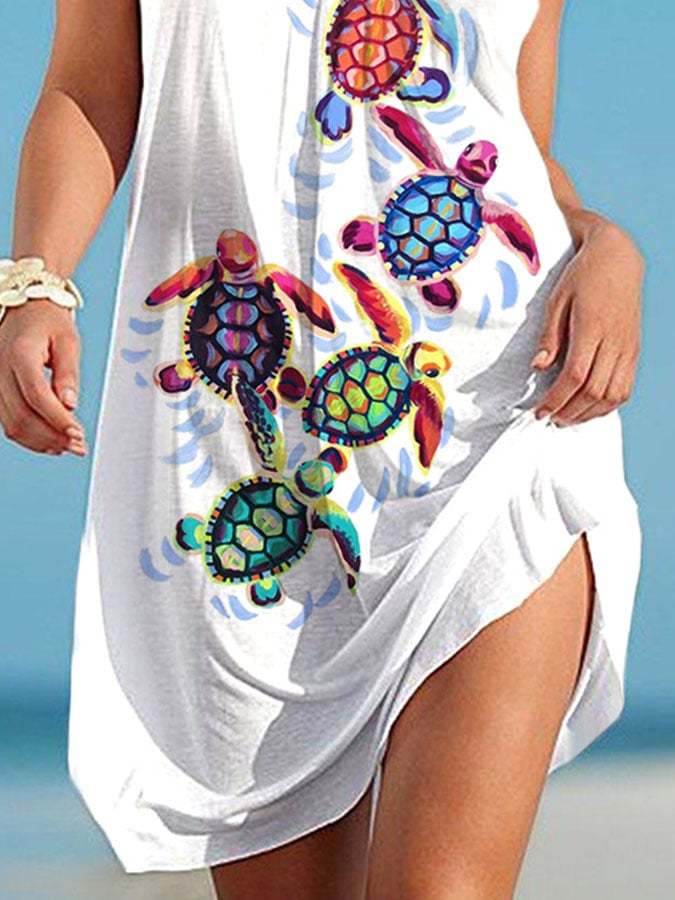 Vacation Watercolor Sea Turtle Print Slip Dress