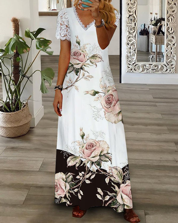 Casual Loose Lace Floral Short Sleeve Dress