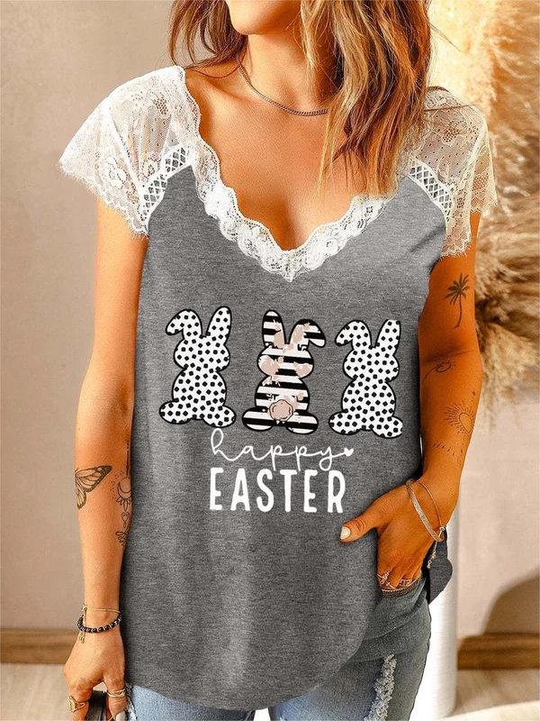 Women's Easter Bunny Lace Panel Top