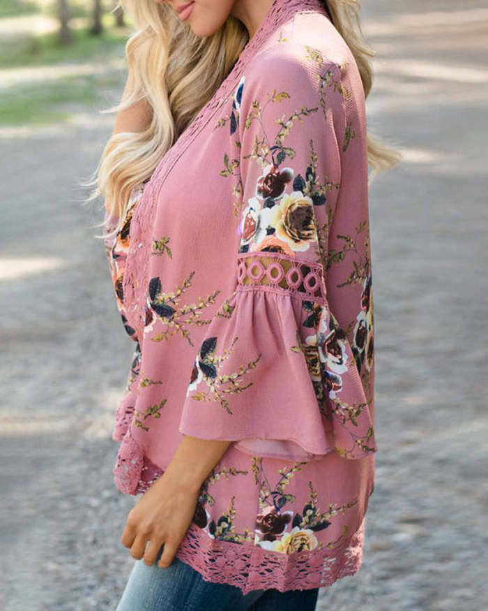 Flare Sleeve Floral Print Lace Blouse Cardigan