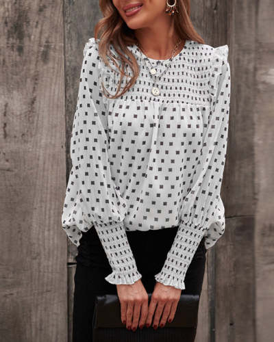 Polka Dot Chiffon Blouse Top Ruffle Lantern Sleeve Shirts Long Sleeve Office Blouse