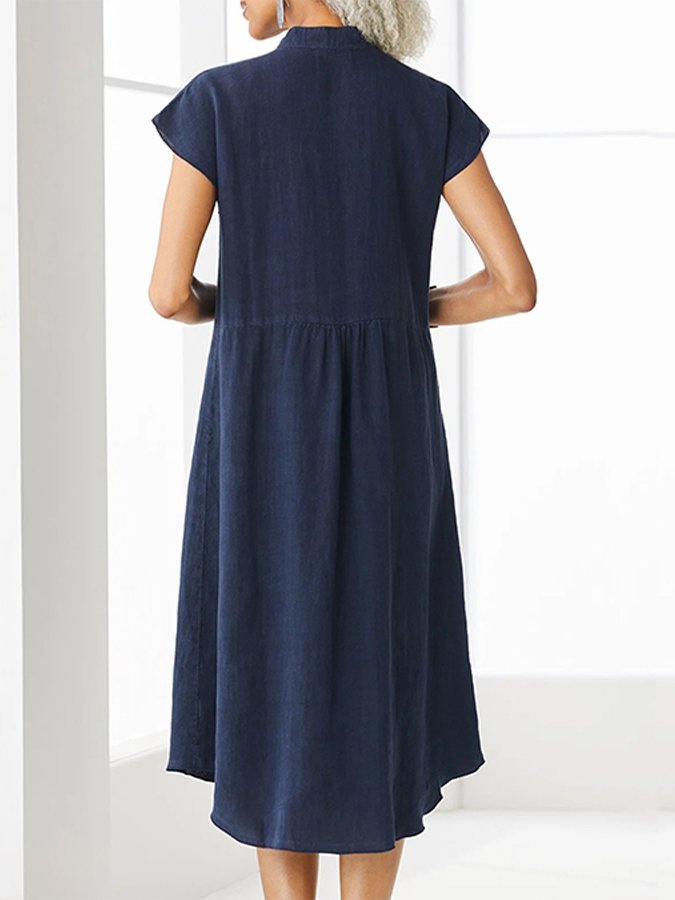 Women's Solid Color Elegant Single-Breasted Cotton Linen Dress