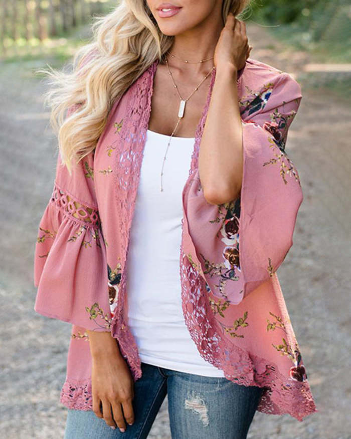 Flare Sleeve Floral Print Lace Blouse Cardigan