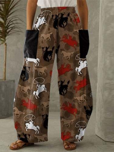 Women's Western Horse Patch Pocket Wide Leg Pants