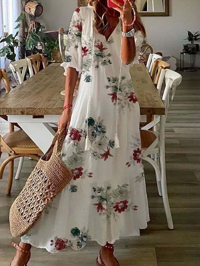 Women'S Long Sleeve Ruffle Print Long Dress