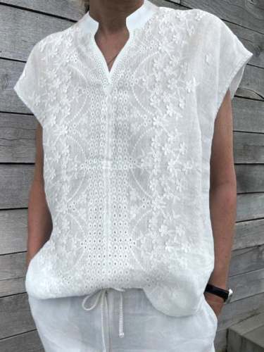 Women's V Neck Cotton Linen Lace Applique Shirt