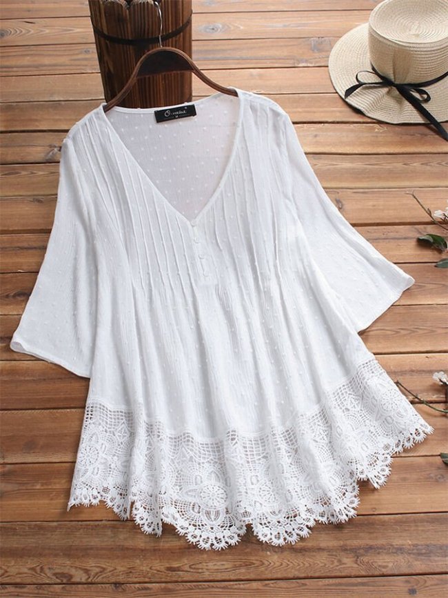 Women's V-Neck Lace Cutout Jacquard Shirt