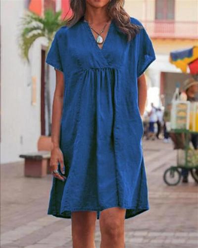 Casual V Neck Solid Woman Linen Dresses