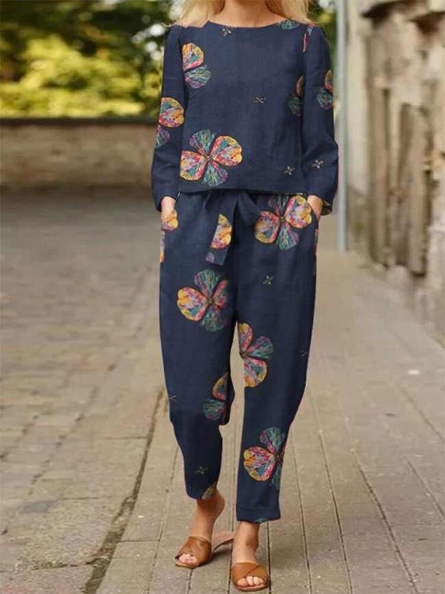 women's Vintage Flower Print Two-piece Set Suit