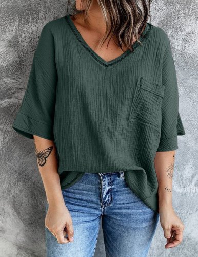 Women's V-neck Pocket Split Middle Sleeve Top Shirt