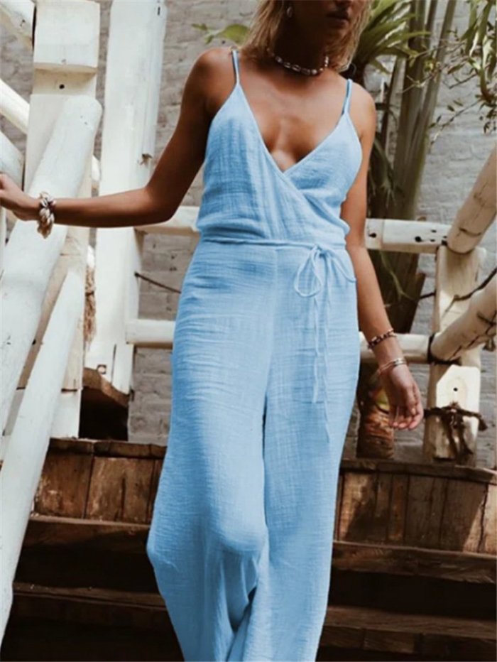 Women's Solid V-neck Wide Leg Jumpsuit