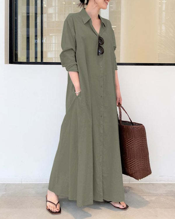 Casual Solid Cotton Linen Shirt Collar Long Sleeve Maxi Dress