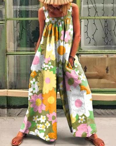 Retro Colorful Multiflora Print Casual Loose Jumpsuit