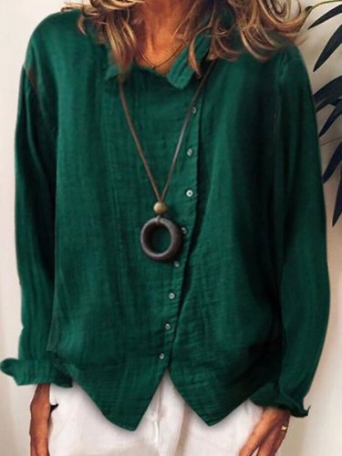 Ladies cotton and linen loose solid color temperament shirt