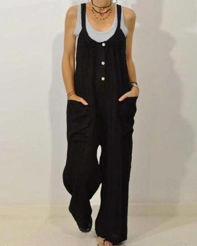 Solid Color Loose Straps Button Jumpsuit With Pocket